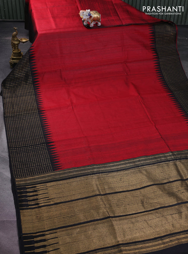 Pure dupion silk saree maroon and black with plain body and temple design zari butta border