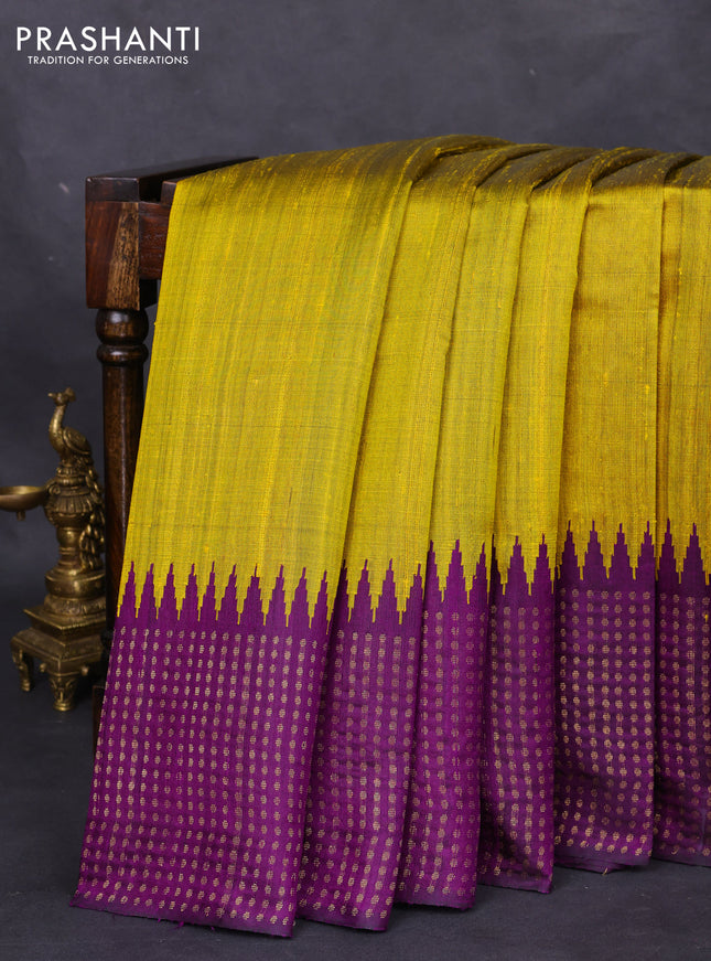 Pure dupion silk saree lime yellow and deep purple with plain body and temple design zari butta border