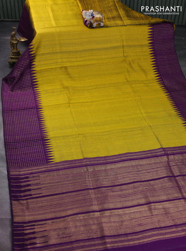 Pure dupion silk saree lime yellow and deep purple with plain body and temple design zari butta border
