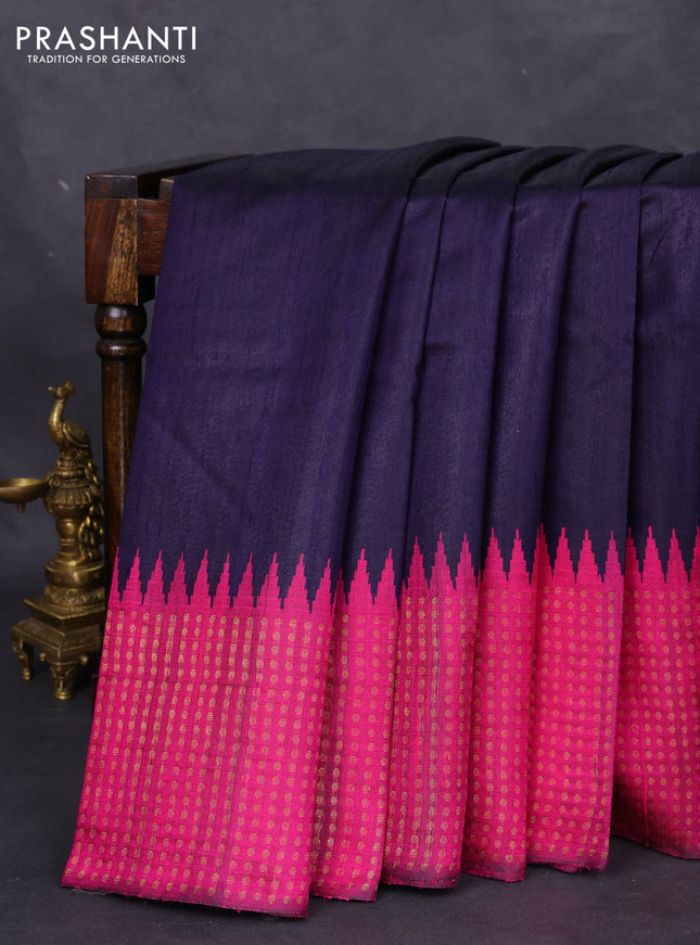 Pure dupion silk saree navy blue and magenta pink with plain body and temple design zari butta border