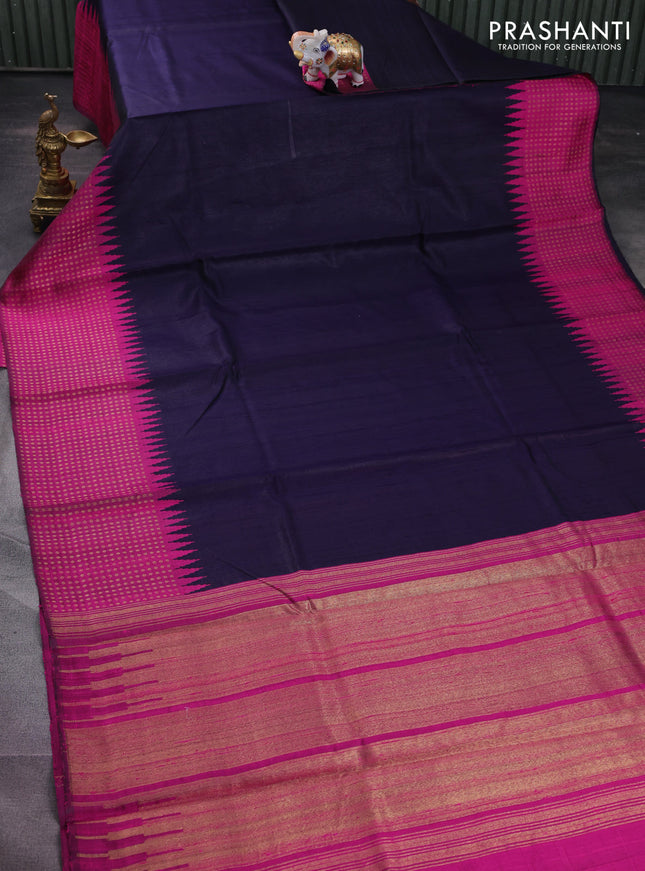 Pure dupion silk saree navy blue and magenta pink with plain body and temple design zari butta border