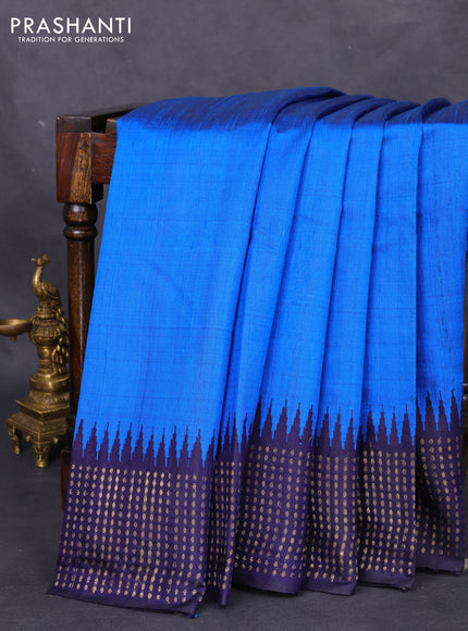 Pure dupion silk saree cs blue and navy blue with plain body and temple design zari butta border