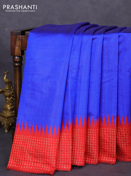 Pure dupion silk saree royal blue and red with plain body and temple design zari butta border