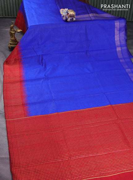 Pure dupion silk saree royal blue and red with plain body and temple design zari butta border
