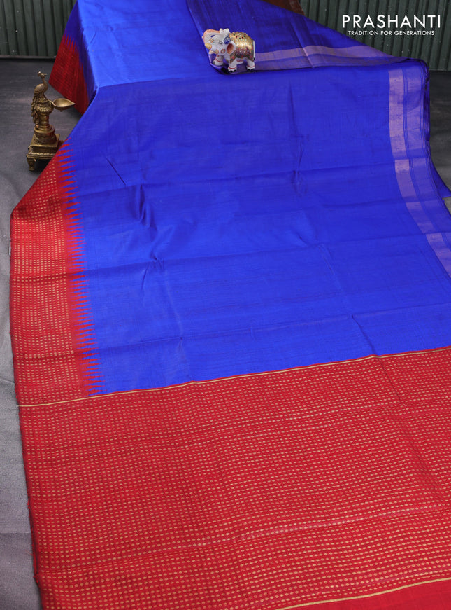 Pure dupion silk saree royal blue and red with plain body and temple design zari butta border
