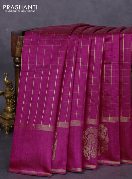 Pure dupion silk saree magenta pink with allover zari checked pattern and zari woven butta border