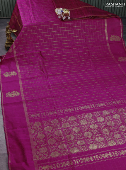 Pure dupion silk saree magenta pink with allover zari checked pattern and zari woven butta border