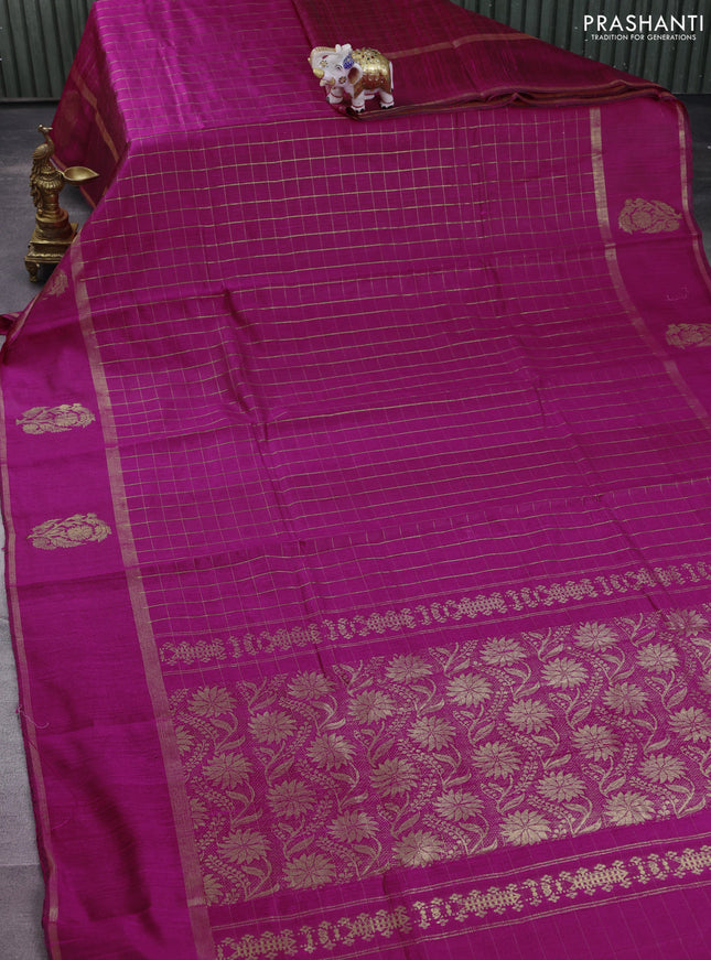 Pure dupion silk saree magenta pink with allover zari checked pattern and zari woven butta border
