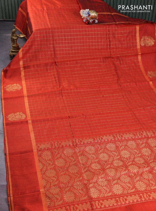 Pure dupion silk saree orange with allover zari checked pattern and zari woven butta border