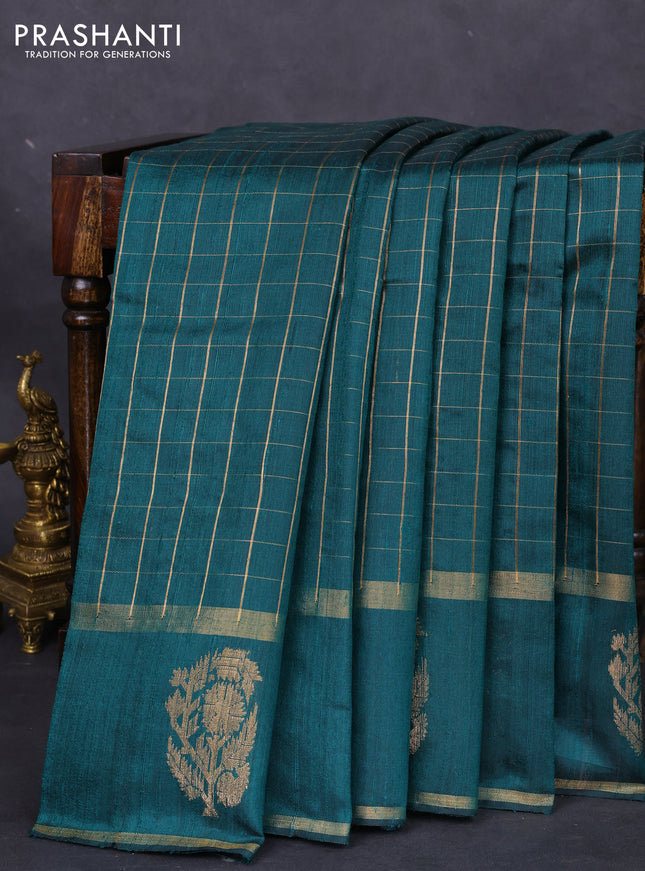 Pure dupion silk saree peacock green with allover zari checked pattern and zari woven butta border