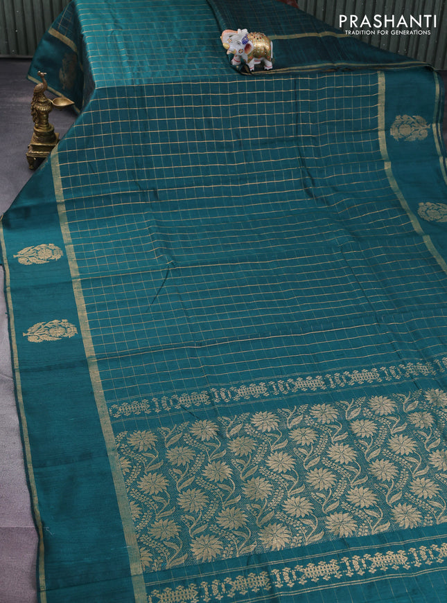 Pure dupion silk saree peacock green with allover zari checked pattern and zari woven butta border