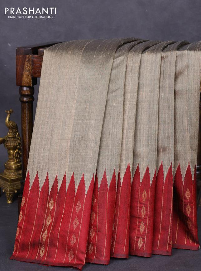 Pure dupion silk saree chikku shade and maroon with plain body and temple design zari butta border