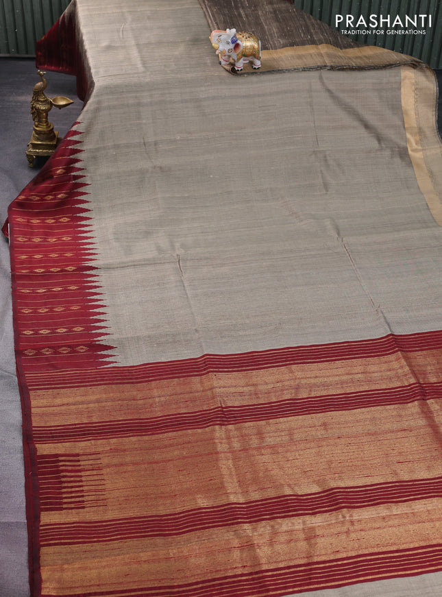 Pure dupion silk saree chikku shade and maroon with plain body and temple design zari butta border