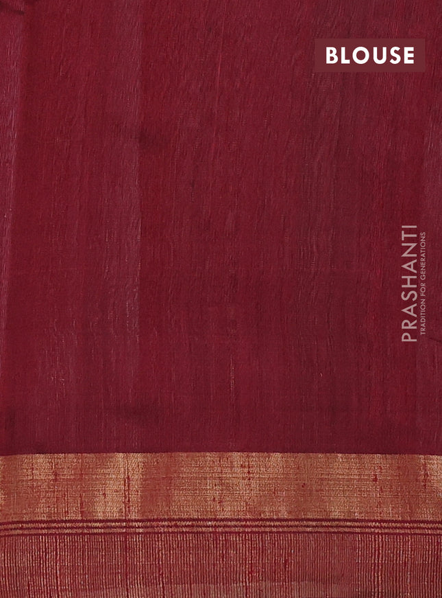Pure dupion silk saree chikku shade and maroon with plain body and temple design zari butta border