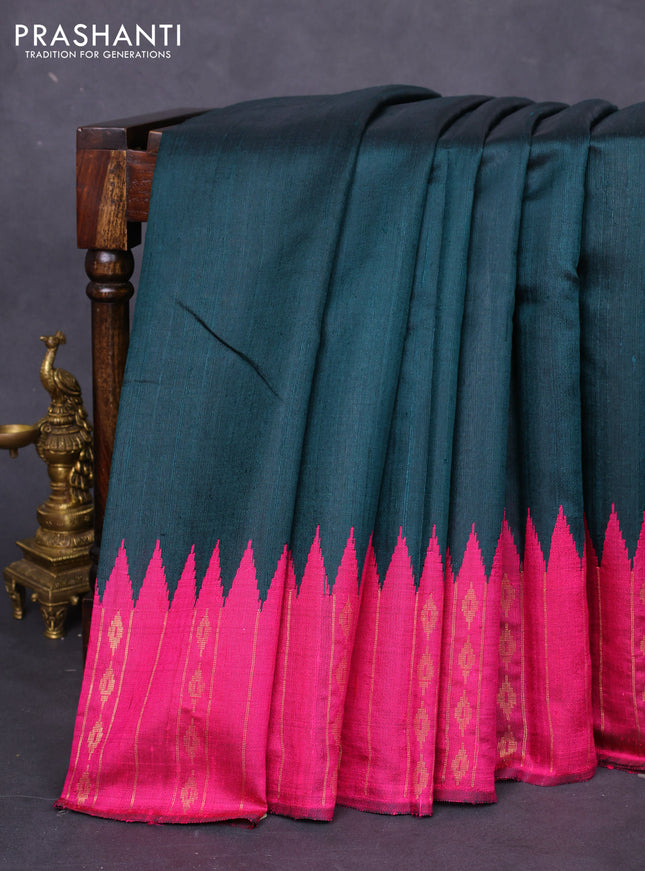 Pure dupion silk saree peacock green and magenta pink with plain body and temple design zari butta border