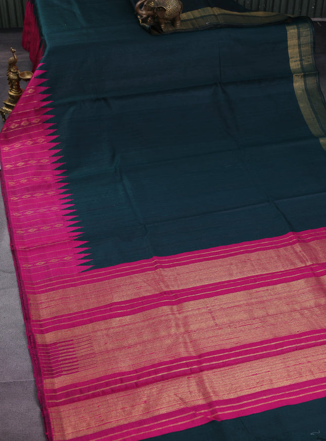 Pure dupion silk saree peacock green and magenta pink with plain body and temple design zari butta border