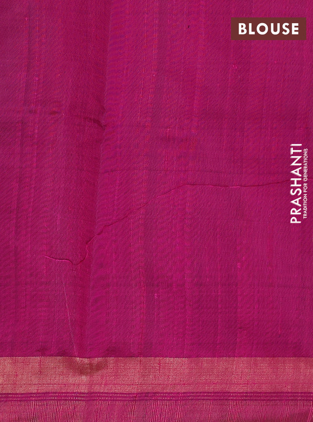 Pure dupion silk saree peacock green and magenta pink with plain body and temple design zari butta border