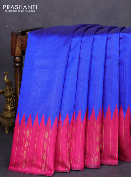 Pure dupion silk saree blue and magenta pink with plain body and temple design zari butta border