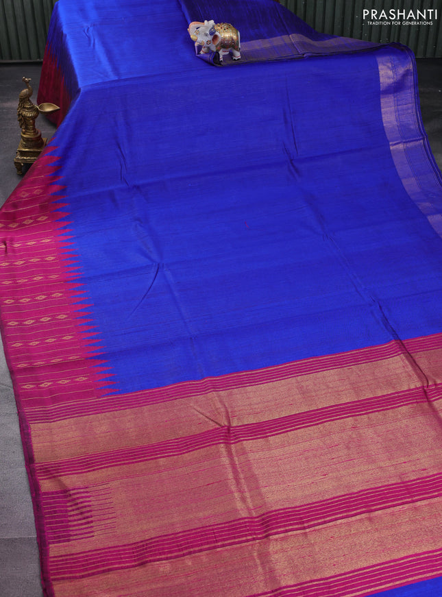 Pure dupion silk saree blue and magenta pink with plain body and temple design zari butta border