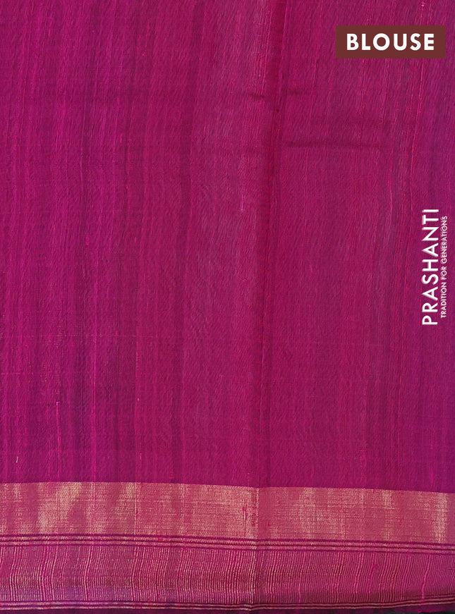 Pure dupion silk saree blue and magenta pink with plain body and temple design zari butta border