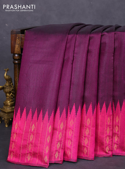 Pure dupion silk saree deep purple and magenta pink with plain body and temple design zari butta border