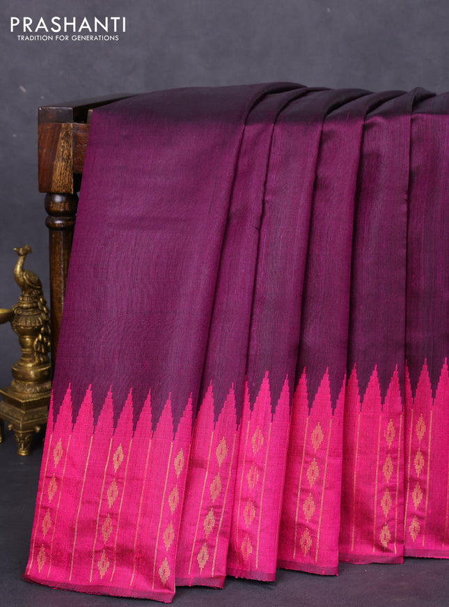 Pure dupion silk saree deep purple and magenta pink with plain body and temple design zari butta border