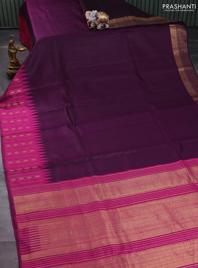 Pure dupion silk saree deep purple and magenta pink with plain body and temple design zari butta border