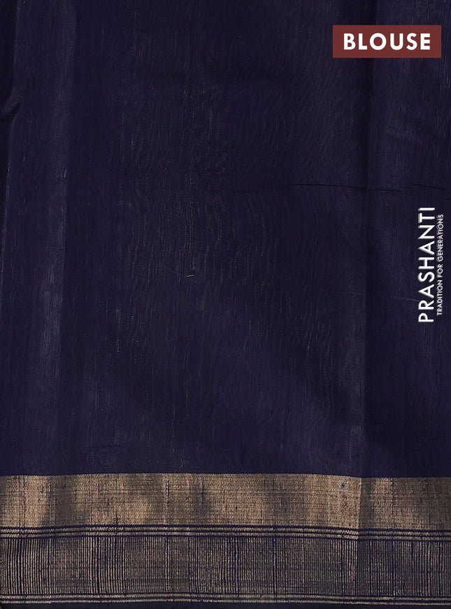 Pure dupion silk saree pastel grey and navy blue with plain body and temple design zari butta border