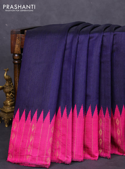 Pure dupion silk saree navy blue and magenta pink with plain body and temple design zari butta border