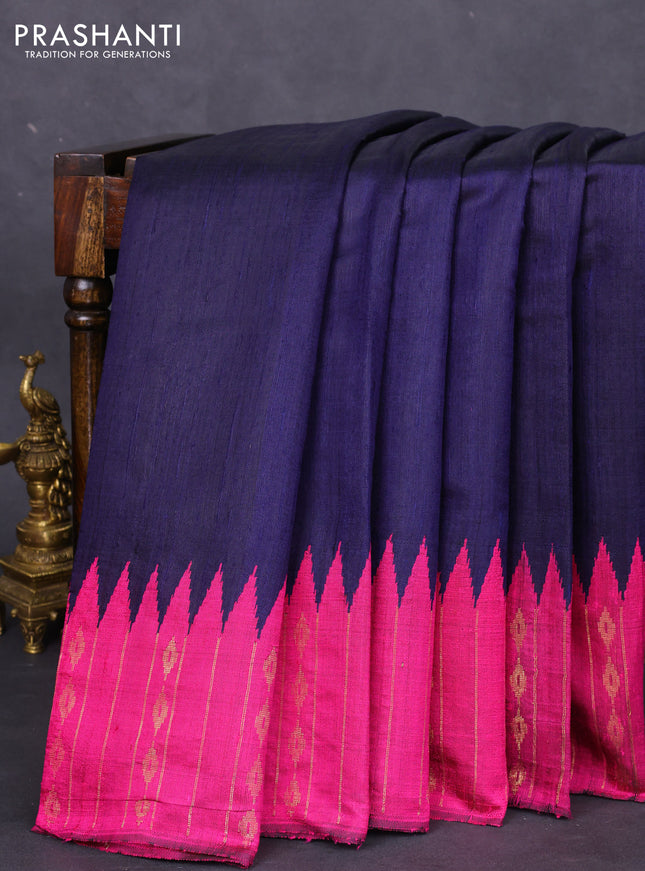 Pure dupion silk saree navy blue and magenta pink with plain body and temple design zari butta border