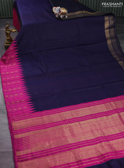 Pure dupion silk saree navy blue and magenta pink with plain body and temple design zari butta border
