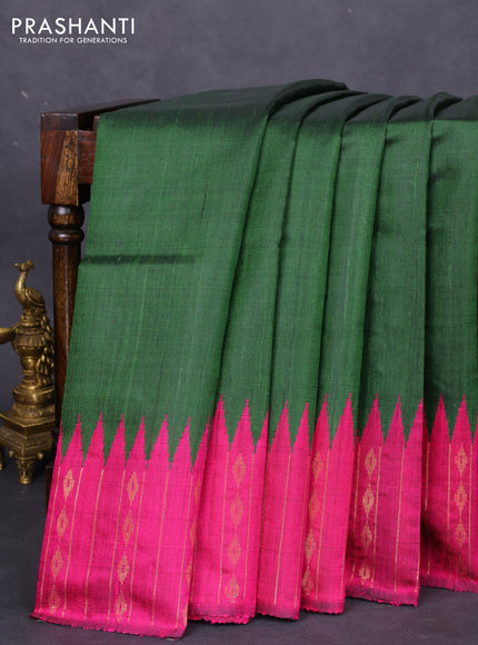 Pure dupion silk saree green and magenta pink with plain body and temple design zari butta border