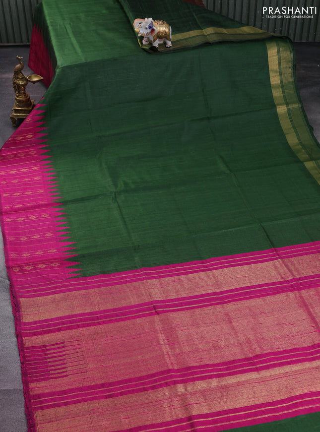 Pure dupion silk saree green and magenta pink with plain body and temple design zari butta border