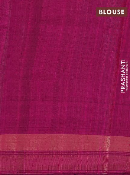 Pure dupion silk saree green and magenta pink with plain body and temple design zari butta border