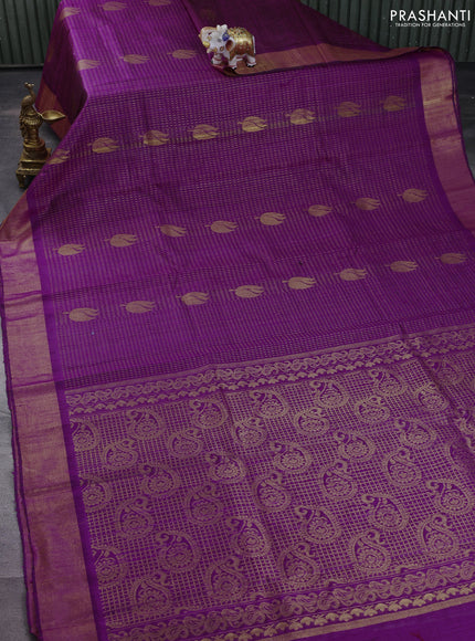 Pure dupion silk saree purple with allover zari weaves & buttas and zari woven border