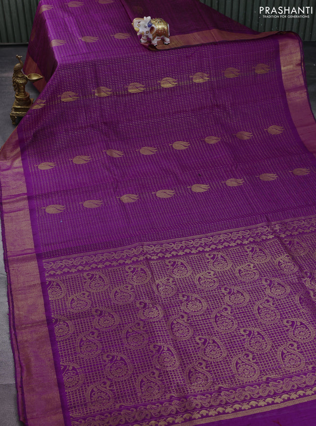 Pure dupion silk saree purple with allover zari weaves & buttas and zari woven border
