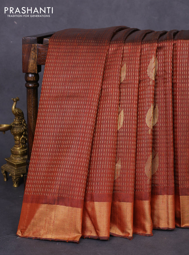 Pure dupion silk saree rustic brown with allover zari weaves & buttas and zari woven border