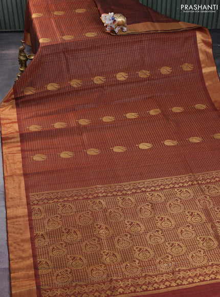 Pure dupion silk saree rustic brown with allover zari weaves & buttas and zari woven border