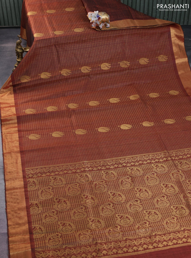 Pure dupion silk saree rustic brown with allover zari weaves & buttas and zari woven border