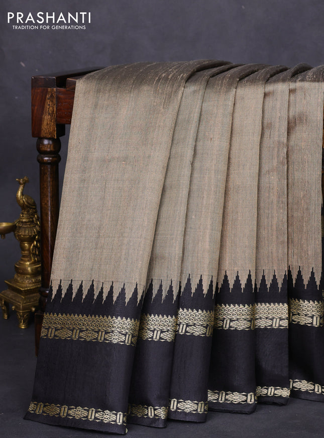 Pure dupion silk saree beige and black with plain body and temple design rettapet thread woven border