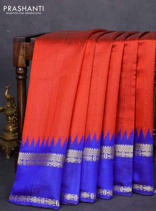 Pure dupion silk saree orange and royal blue with plain body and temple design rettapet thread woven border