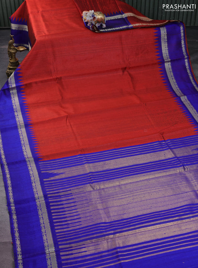 Pure dupion silk saree orange and royal blue with plain body and temple design rettapet thread woven border