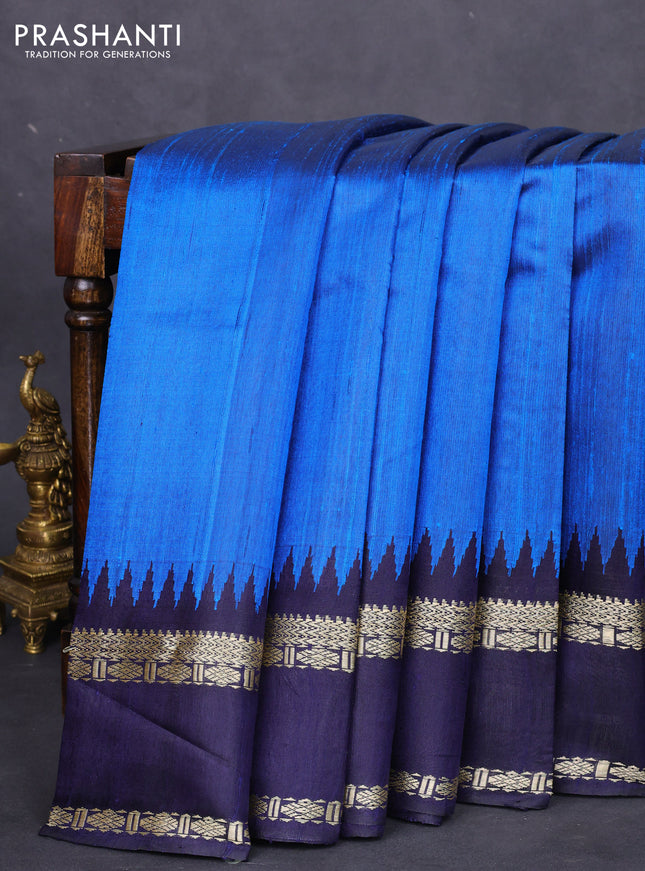 Pure dupion silk saree cs blue and navy blue with plain body and temple design rettapet thread woven border