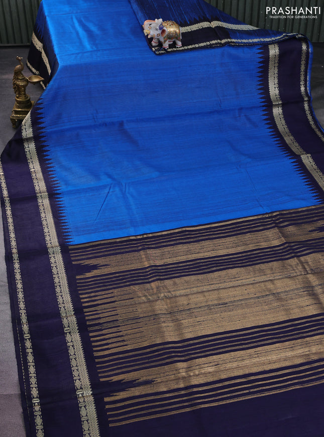 Pure dupion silk saree cs blue and navy blue with plain body and temple design rettapet thread woven border
