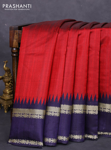 Pure dupion silk saree maroon and navy blue with plain body and temple design rettapet thread woven border