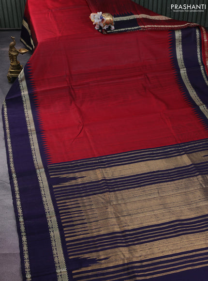 Pure dupion silk saree maroon and navy blue with plain body and temple design rettapet thread woven border