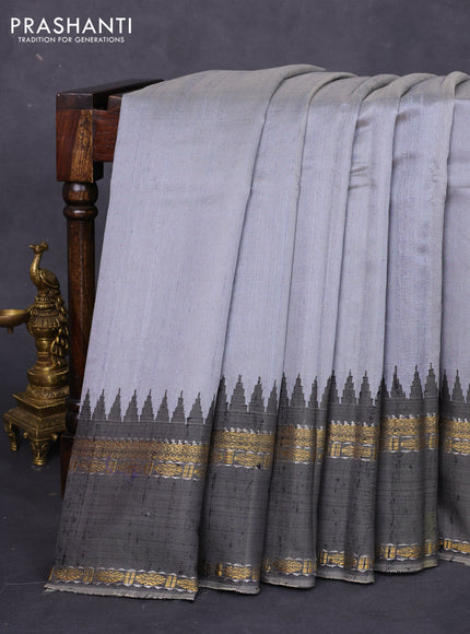 Pure dupion silk saree grey with plain body and temple design rettapet zari woven border