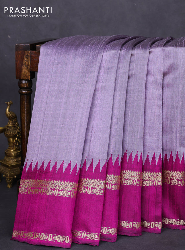 Pure dupion silk saree lavender and purple with plain body and temple design rettapet thread woven border