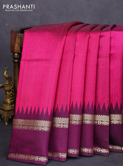 Pure dupion silk saree pink and purple with plain body and temple design rettapet thread woven border
