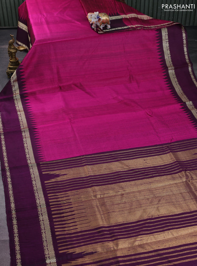 Pure dupion silk saree pink and purple with plain body and temple design rettapet thread woven border